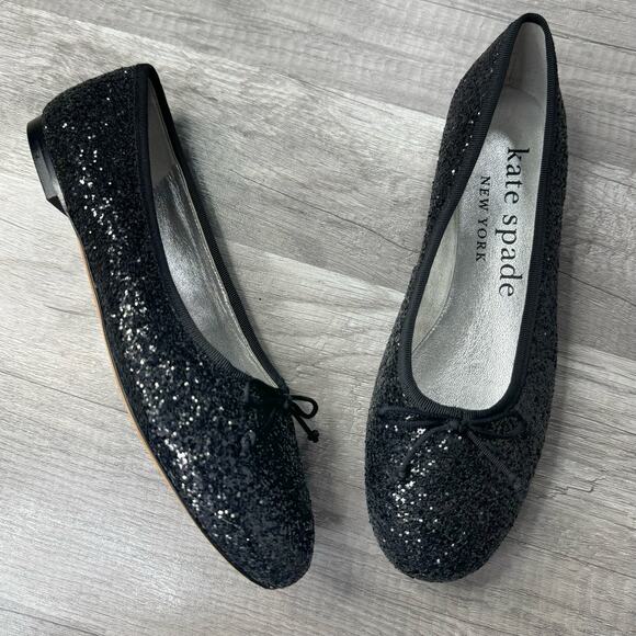 Kate Spade New York Honey Glitter Ballet Flats Black Bow Size 8 - Picture 1 of 8